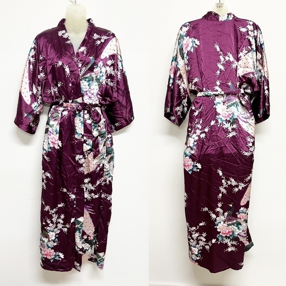 Old Shanghai Womens Dark Purple Peacock Feather Floral Print Belted Kimono Sz OS - Picture 1 of 8